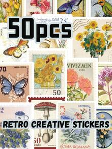 50张复古创意贴纸，适用于塑料、玻璃和金属表面，精美插图，非常适合平板电脑、吉他说明书、派对包装和日历装饰，是圣诞派对、礼物、返校季和新年活动的理想之选。可重复使用的个性化封口贴纸。 - 彩色 - 查看 2