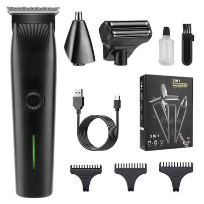 Men's Grooming Kit, Waterproof & Cordless Hair Clippers, Beard Trimmer, Nose Trimmer, 3-In-1 Grooming Set With Titanium & Ceramic Blades, 1 Count