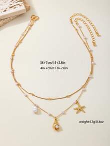 2件套简约海洋生物流苏双层项链，金属海星和贝壳，仿珍珠项链，适合度假、情人节、蜜月、旅行，优雅礼物 - 金黃色 - 查看 5