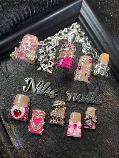 10-Piece Short Duck Nails Set,European And American Y2K-Style Short Duckbill Nails,Featuring Pink&White Manicures,Rose Red Cat-Eye & Silver, Pink French,Hand-Painted Leopard & Geometric Patterns,3D Bow&Star&Crystal&Nail Gem Decorations,Suitable For Parties,Dances,Daily Wear,Men And Women,With A Piece Of Gel And A File,Making It A Great Gift