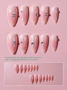 24Pcs/Set Long-Sized Almond Pink Gradient French Tips Press On Nails With Silver Stars And Rhinestones Design, Charming Woman's Style,Full Fit Acrylic Fake Nails, Contain 1pc Jelly Glue And 1pc Nail File, Suitable For Women And Girls'daily Work, Study And Parties Use