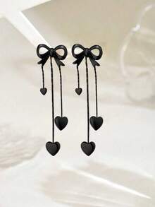 1 Pair Valentine's Gift Simple Clavicle Chain Tassel Heart & Bow Earrings