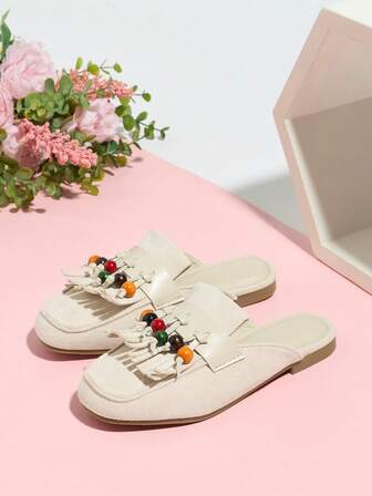 Colorful Beaded Tassel Plush Slip-On Slippers, Soft & Comfortable, Fashionable & Elegant For Indoor Or Outdoor Wear, Suitable For Toddlers And Kids