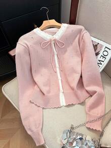 JIANHU New Spring Sweet Round Neck Knitted Cardigan Women Short Versatile Drawstring Sweater Coat Fresh Style Spring