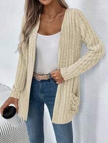 Women's Solid Color Ribbed Brushed Pocket Cardigan Jacket, Long Sleeve, Autumn/Winter, New Arrival, Cross-Border Export To Europe And America Spring - Apricot - View 6