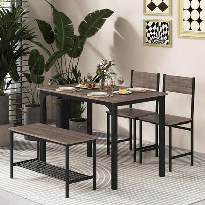 4-Piece Dining Table Set Kitchen Table With 2 Chairs And A Bench Space-Saving Dinner Table Set With Storage Shelf And Metal Frame Rustic Brown Grey