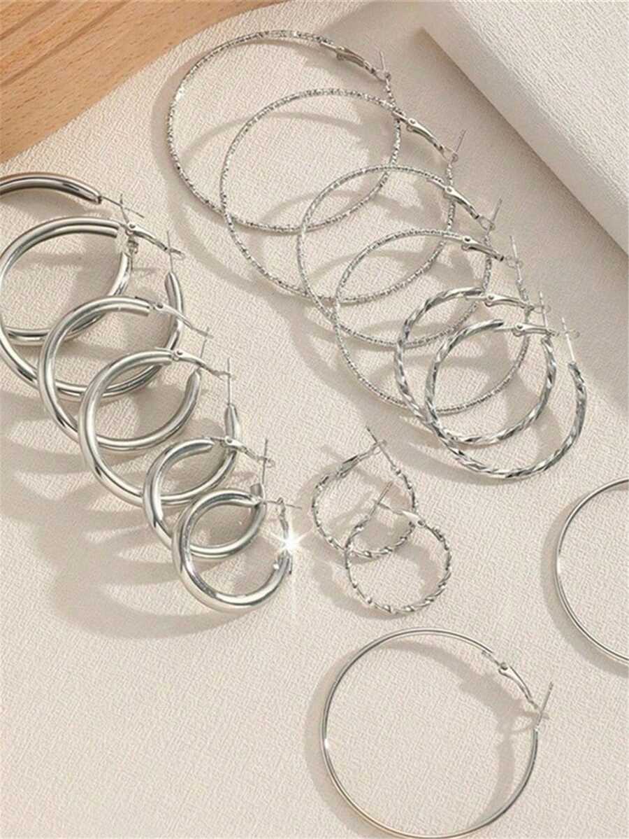 8 أزواج من أقراط دائرية عصرية، أقراط معدنية دائرية متعددة الاستخدامات للارتداء اليومي - فضي - مشاهدة 1