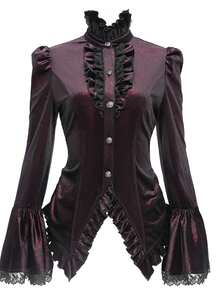 Devil fashion Gothic Style Burgundy Glossy Textured Lace Ruffle Collar Petal Sleeve Tie-Waist Blouse, Suitable For Dark Theme Events - Burgundy - View 10