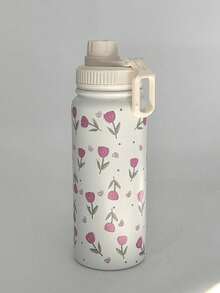 1pc Pink Tulip Heart Shaped Stainless Steel Vacuum Insulated Water Bottle - Double Wall Insulated, Suitable For Hot & Cold Drinks, Capacity Options: 20.29oz/27.05oz/33.81oz, Great For Travel, Fitness, Outdoor Activities And Gifting