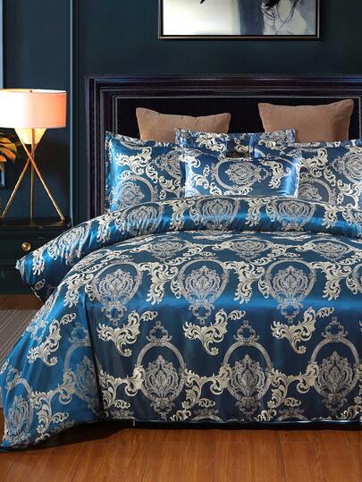2/3pcs Royal Blue Jacquard Bedding Set, Satin Duvet Cover With Gold Satin Pillowcase, Zipper Closure, Machine Washable, Suitable For Men, Women And Teenagers, Luxurious Bedroom Decor, Perfect Holiday Gift