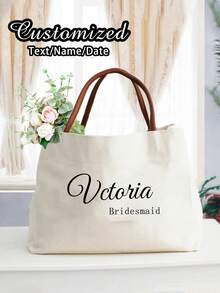 Custom Bridesmaid Beach Tote, Personalized Ivory Canvas Handbag With Name For Weddings Bridal Parties And Travel - White - View 4