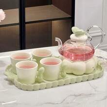 一套陶瓷蝴蝶花卉茶具，优雅下午茶壶、茶杯套装，高端水果茶壶，饰有蝴蝶图案，包含茶壶、茶杯和托盘 - 是馈赠女主人和家居装饰的理想之选，必备餐具 | 耐用瓷器 [粉色、绿色可选]