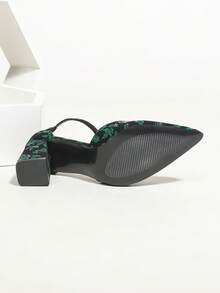 New Black Base Green Floral Pointed Toe Hollow Out Chunky High Heel Women Shoes - Green and Black - View 8