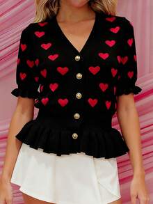 Womens Valentines Knit Cardigan Stylish Love Heart Pattern Ruffled Hem Button Down V Neck Half Sleeve Sweater Jacket - Black - View 4