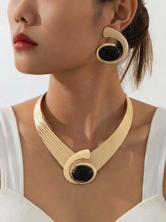 一套华丽夸张创意金属大珍珠耳钉，珍珠项链女士首饰套装 - 节日礼物