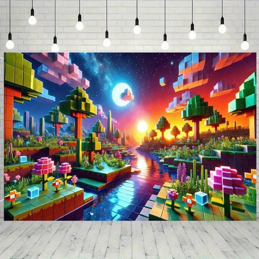 2D Flat 1pc Pixel World Dawn Theme Party Banner - Retro Video Game Design, Block Trees And Mushroom Patterns, Vibrant Mixed Colors, Durable Polyester Material For Indoor/Outdoor Family Celebrations, Room And Garden Decor, Multi-Purpose Festival Background, Pixel Style Sunset Silhouette Design