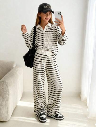 2pcs/Set Girls Casual Striped & Waffle Texture Polo Collar Top And Loose Fit Drawstring Pants Set, Comfortable Stylish Outfit For Spring & Autumn