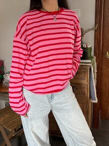 Womens Loose Tunic Tops Long Sleeve Round Neck Stripes Print T-Shirts Spring Fall Blouses - Red - View 6