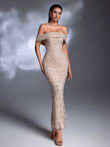 Elisanya Vestido elegante de AMILUCK con hombros descubiertos, volantes, abertura y detalles de lentejuelas de alta gama, adecuado para ocasiones formales, fiestas, alfombra roja y bodas - Albaricoque - Ver 8