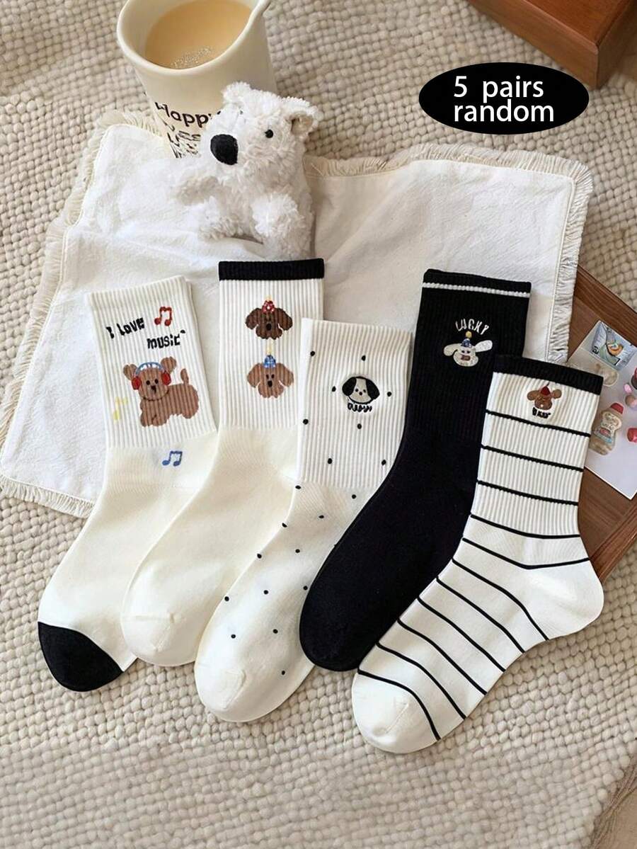 5 paires de chaussettes coréennes style automne/hiver nouvelles pour femmes, chaussettes mi-mollet mignons style dessin animé, chaussettes de sport avec une touche d'écolière - Multicolore - Voir 1