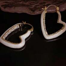 2pcs/1set Minimalist Heart Ear Cuffs, White Enamel Drop Earrings With Crystals, Simple Yet Statement Ear Jewelry, Dainty Ear Huggers - Multicolor - View 3