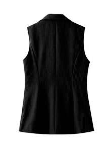 Chaleco de blazer regular de mujer con parche a rayas, unicolor con bolsillo y botón, para uso de oficina en primavera, color negro - Negro - Ver 4