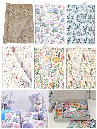 10张多色水彩花卉图案薄纸，花卉包装纸，节日生日装饰，礼品包装，礼盒装饰