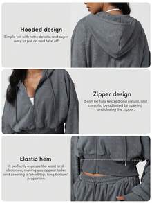 Sodalemon Women's Casual Outdoor Fitness Jacket, Drawstring Zip-Up Bodysuit With Printed Pattern, Loose Fit For Running, Training, Workout - Grey - View 3