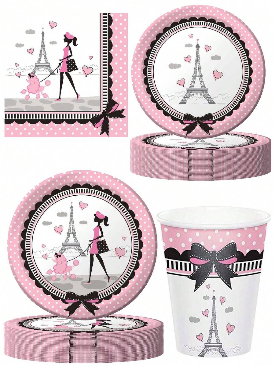 10pcs Paris Eiffel Tower Theme Party Cake Plate Round Plates Tableware Set Camping Camping Wedding Banquet Birthday Party Supplies Romantic Paris Creative Theme Party - Multicolor - View 1