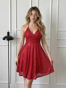 D&M Women's Solid Color Sequin Waist Ruched Criss-Cross Strap Dress - Red - View 2