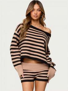 Women's Fold Over Waist Knitted Shorts Y2k Low Waist Striped Print Color Block Slim Fit Hot Pants Party Clubwear Going Out Sweater Shorts Loungewear Bottoms Stretchy Yoga Shorts Summer Casual Active Jogger Sweatshorts - 卡其色 - 查看 1