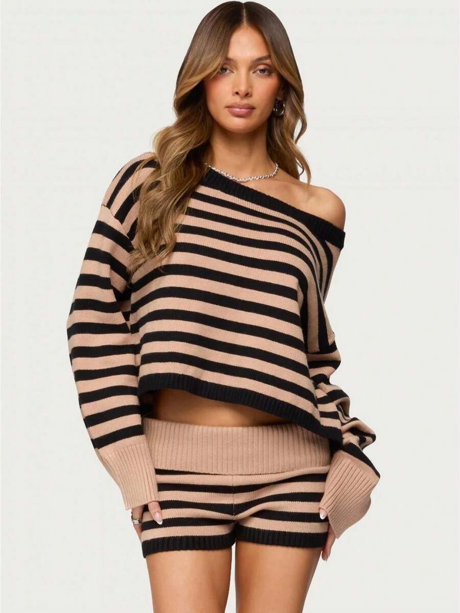 Women's Fold Over Waist Knitted Shorts Y2k Low Waist Striped Print Color Block Slim Fit Hot Pants Party Clubwear Going Out Sweater Shorts Loungewear Bottoms Stretchy Yoga Shorts Summer Casual Active Jogger Sweatshorts - 卡其色 - 查看 1