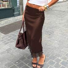 Women Satin Lace Trim Midi Skirt Polka Dot Print High Waist Long A-Line Skirts Vintage Silk Going Out Dress Y2k Streetwear Party Clubwear - 咖啡棕 - 查看 2