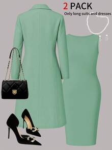 Setelan 2 Potong Elegan untuk Wanita, Jaket Kardigan Lengan Panjang Warna Polos + Gaun Midi Tanpa Lengan, Cocok untuk Musim Semi, Musim Gugur, dan Musim Dingin - Hijau muda 6 - View 4