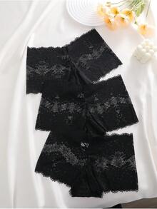 3pcs/Set Solid Color Bow Floral Lace Panties, Sexy & Romantic Women's Underwear