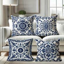 4Pcs Bohemian Blue & White Floral Pattern Throw Pillow Covers - 17.7x17.7 Inches, 2D Digital Single-Side Printing Cushion Cases, Zipper Closure & Machine Washable, Decorative For Living Room, Bedroom & Sofa (No Pillow Inserts Included) - Multicolor - View 7