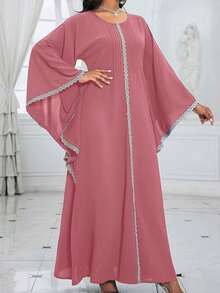 Vestido largo elegante de mujer con unicolor, estilo árabe, decoración de cinturón con lazo en la cintura, vestido elegante de manga larga y cuello redondo - Rosa vieja - Ver 2