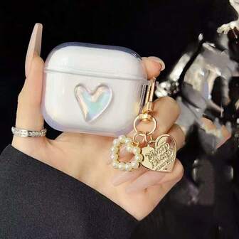 1 pieza Estuche transparente a prueba de golpes para auriculares con corazón holográfico minimalista + Estuche para auriculares Bluetooth con decoración de perla en forma de corazón compatible con Apple 1st/2nd/3rd/Pro/Pro 2nd Generation, diseño creativo para el nuevo Pro 3