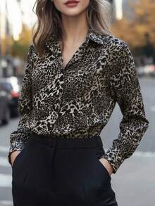 Women's Leopard Print Long Sleeve Shirt, Button Closure, Polyester Shirt Collar, Regular Fit - Black - View 7
