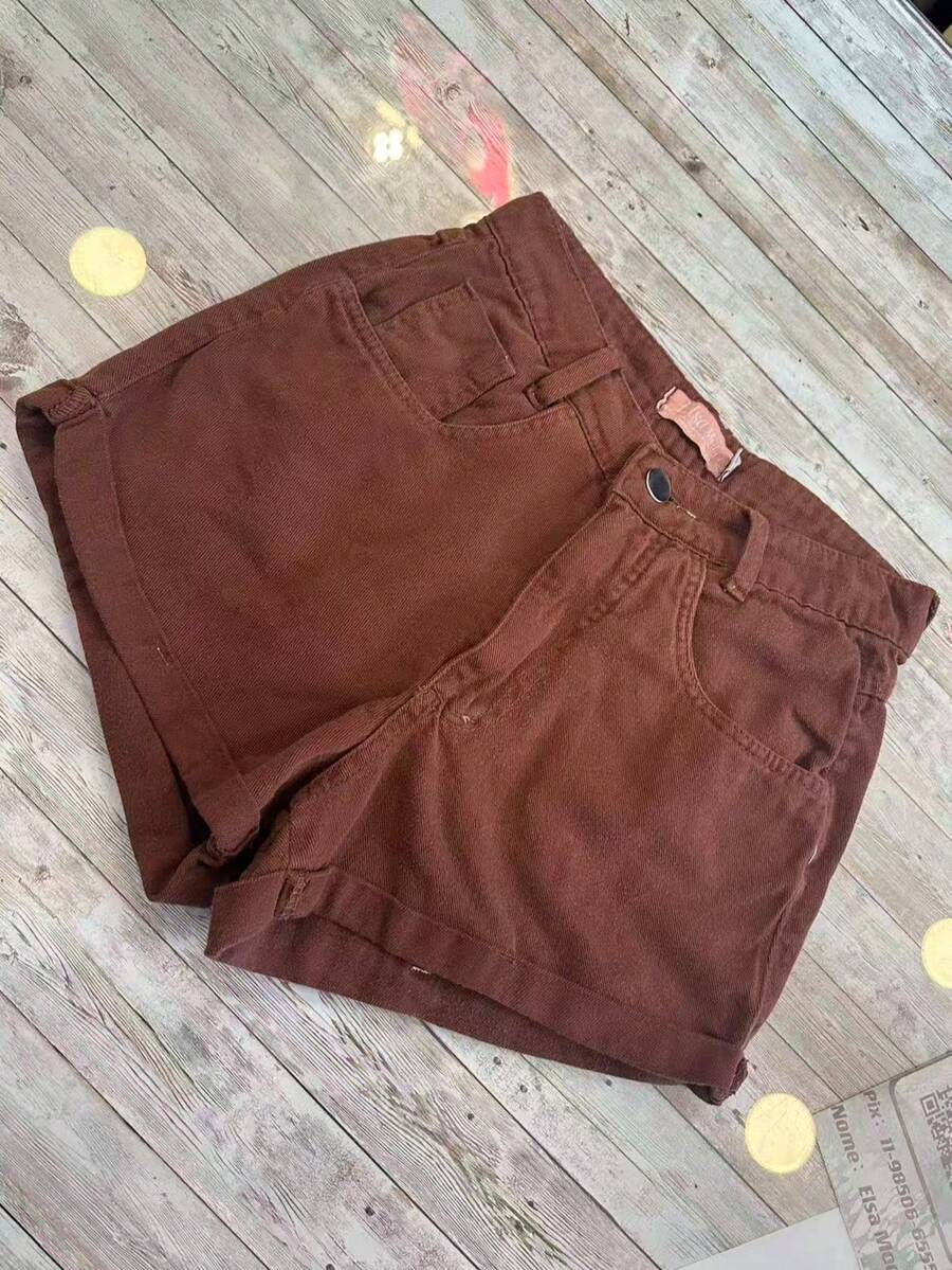 Women's Mom Jeans Shorts, High Waist, Comfortable, Premium Quality, Stylish, Casual - Marrom - 查看 1