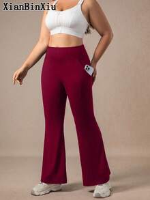 XianBinXiu 1pc Plus Size Navy Blue Flare Yoga Pants, High Waist Slimming Casual Yoga Trousers With Pockets, Knit Fabric, Elastic & Comfortable, Suitable For Daily Casual Wear And Yoga, All Seasons, Moisture-Wicking Stretchy Leggings, Low-Impact Yoga Pilates Ballet Studio Casual Wear, Spring/Summer - Burgundy - View 3