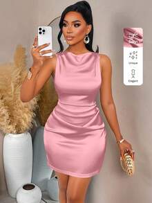 AIJ Amarilo Women's Open Shoulder Ruffle Hem A-Line Mini Dress, Satin Solid Color, Suitable For Date Night, Party And Christmas Party Elegant Summer - Dusty Pink - View 3