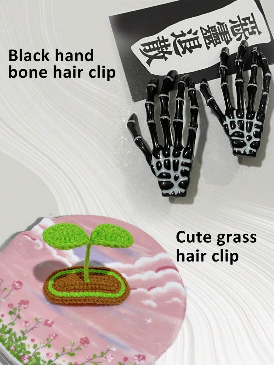3pcs 2 Black Hand Bone Hair Clips And 1 Smart Grass Hair Clip Hand Bones, Funny Hair Clips, Halloween Decorations, Ghost Claws, Skeleton Hand Claws, Fluorescent Hair Clips Original Dark Halloween Skull Jewelry Big Claw Hair Clip Horror Cosplay, Hair Slide, Hair Barrettes