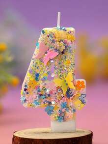 1支彩色手工数字生日蜡烛 - 可爱的花卉蝴蝶图案，闪亮数字0-9蜡烛，燃烧时间短，适合儿童生日派对装饰和庆祝活动，包含1支数字蜡烛，室内使用，生日蜡烛 - 彩色 - 查看 13