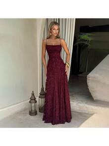 Christmas New Party Style Evening Dress, Sexy And Spicy Girl, Bareback Strap Style Long Dress - 酒紅色 - 查看 3
