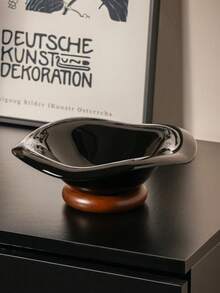 DearDali Asymmetrical Wavy Glazed Ceramic Fruit Bowl With Walnut Wood Base, Creative Home Decor Fruit Tray For Living Room, Entryway