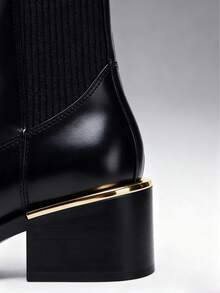 Women Black Patent Chelsea Boots Gold Trim Chunky Heel Elastic Ankle Fashion Party Boots - Black - View 5