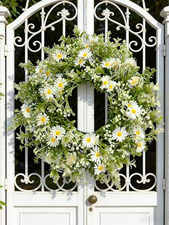 1 pieza Corona de margaritas artificiales estilo rústico, acentuada con bayas y hojas de eucalipto - Decoración de pared con flores artificiales blancas, apta para interiores/exteriores, bodas, fiestas, graduaciones y talla grande, decoración del hogar durante todo el año, corona para la puerta principal, decoración de boda, encanto rústico, sin mantenimiento