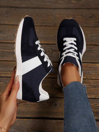 Nuevos zapatos deportivos casuales para mujer con puntera redonda, cordones y bloques de color, multifuncionales, versátiles, para ciudad y exterior