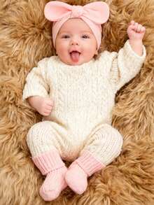 2件套婴儿柔软蝴蝶结印花头巾帽+针织袜套装，舒适发带帽，可爱时尚，适合0-6个月宝宝四季佩戴，是绝佳的生日礼物。 - 彩色 - 查看 3